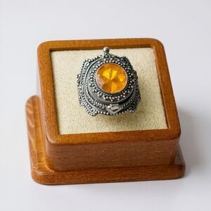 Faceted Citrine Gemstone Poison Locket Box Ring Sterling Silver Sz 9